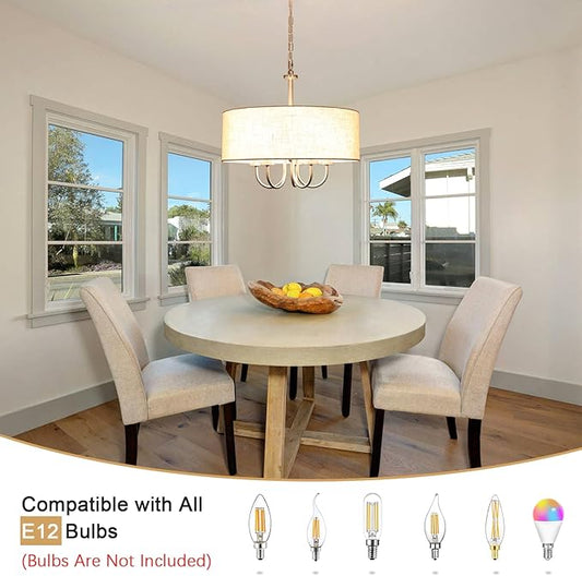 Drum Modern Chandeliers for Dining Room Light Fixture 5 Lights Brushed Nickel Chandelier with Linen Lampshade 19” Farmhouse Chandelier Large Pendant Lighting Fixtures for Foyer Entryway Kitchen