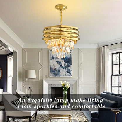 Modern Crystal Chandelier Gold Round Chandeliers for Dining Room Chandelier for Living Room Entryway Foyer Bedroom Kitchen Small Flush Mount Ceiling Pendant Light Fixtures 5-Lights W15.7