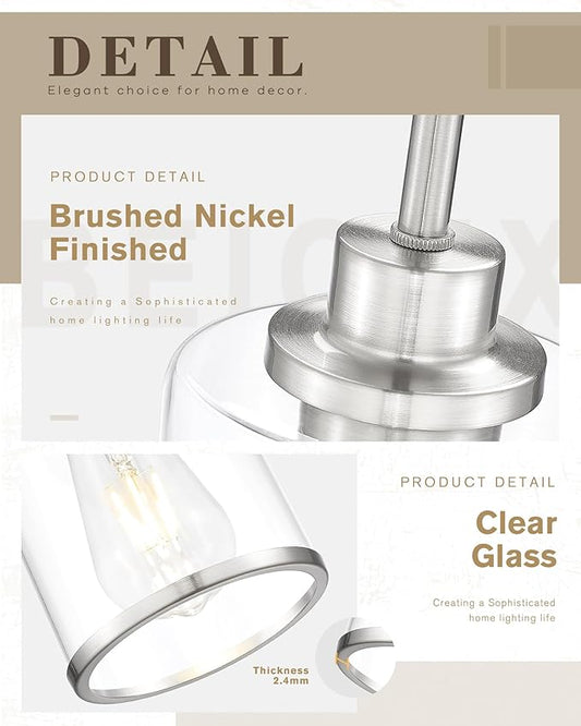 Beionxii Brushed Nickel Pendant Lights Kitchen Island 2 Pack, Hanging Lights Fixtures with Clear Glass, Kitchen Pendant Lighting Over Island, Hanging Lights for Sink Dining Room Entryway BX-PL02BN-2CG