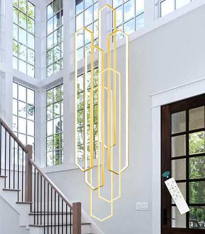 6 Rings Gold Modern Long Large Chandelier Dimmable LED High Ceiling Chandelier for Living Room Foyer Staircase Enterway Big Hanging Light Fixture Modern Ceiling Light