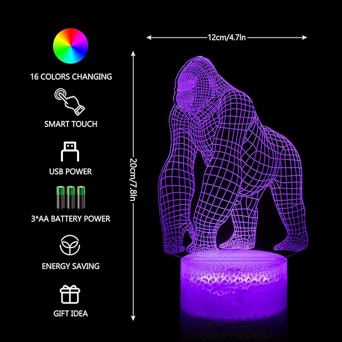 BASSI 3D Gorilla Lamp for Kids, 16 Colors Changing Remote Control 3D Night Light Gorilla Toy - Birthday Christmas Gifts for Boys Girls Age 2 3 4 5 6 7 8 9 Teenages