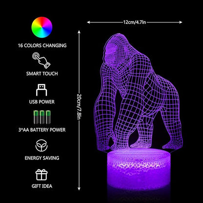 BASSI 3D Gorilla Lamp for Kids, 16 Colors Changing Remote Control 3D Night Light Gorilla Toy - Birthday Christmas Gifts for Boys Girls Age 2 3 4 5 6 7 8 9 Teenages