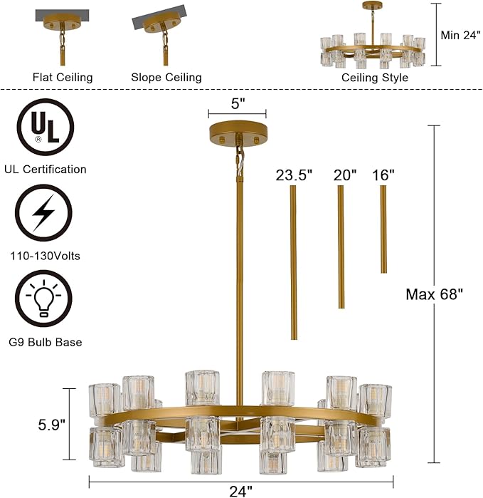 24 Inch Gold Crystal Wagon Wheel Chandelier, Modern Farmhouse Round 24-Lights Pendant Lighting Fixture, for High Ceilings Living Room, Bedroom, Foyer