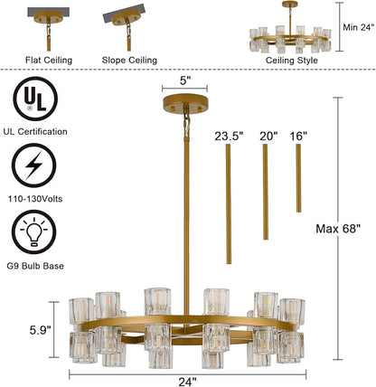 24 Inch Gold Crystal Wagon Wheel Chandelier, Modern Farmhouse Round 24-Lights Pendant Lighting Fixture, for High Ceilings Living Room, Bedroom, Foyer