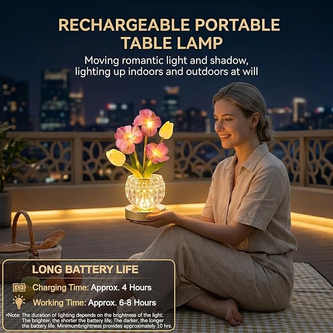 Flower Table Lamp, 3-Color Touch Dimming Tulip Glass Night Light, Rechargeable Artificial Flower Light, Desktop Ambient Light Romantic Gifts for Girls Women Mom (Pink-Sakura)