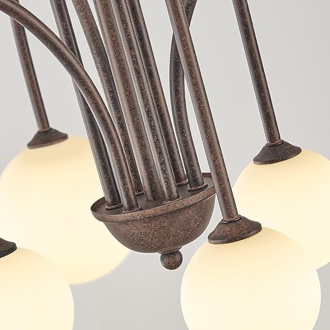 Sputnik Chandelier Brown,6 Lights Large Modern Chandelier L40”Mid Century Long Ceiling Pendant Light Fixtures for Dining Room with Milk Glass Globe Shades for High Ceiling Foyer Living Room