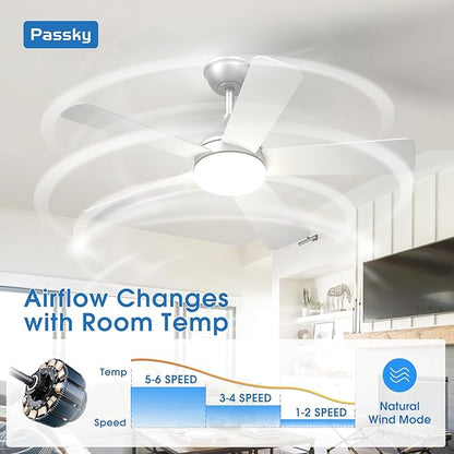 Passky Ceiling Fans with Lights, 42 inch Sleek Ceiling Fan with Light and Remote Control, 3CCT, Dimmable, Reversible, Noiseless, Silver Ceiling Fan for Bedroom, Living Room