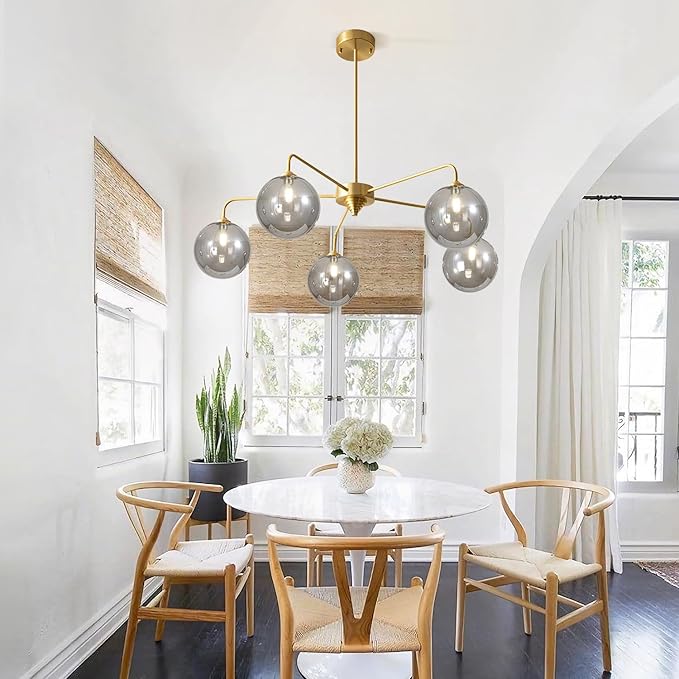 5-Light Gold Sputnik Chandelier, Mid Century Modern, Smoke Gray Glass Shade, Kitchen, Dining, Bedroom, 38.6" L x 30.7" H