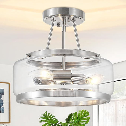 Brushed Nickel Modern Ceiling Lights 3-Light Hallway Light Fixtures Semi Flush Mount Kitchen Ceiling Lighting Drum Glass Entryway Chandelier for Bathroom Foyer Laundry Dining Room Bedroom