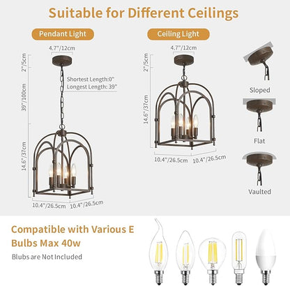 4-Light Chandeliers, Farmhouse Chandelier for Dining Room Light Fixtures, Lantern Metal Kitchen Pendant Light Fixtures, Rustic Cage Chandelier for Bedroom Living Room Kitchen Island Hallway