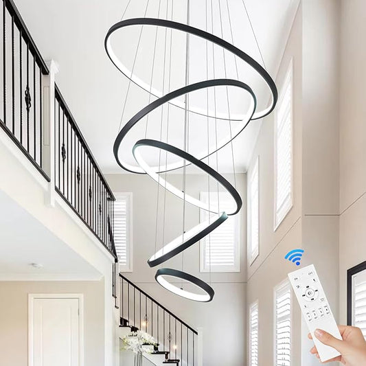 5 Ring Modern LED Chandelier Dimmable Black High Ceiling Chandeliers for Foyer, LED Contemporary Large Pendant Lighting with Remote Control Circular for Living Room Staircase, 3000K-6500K