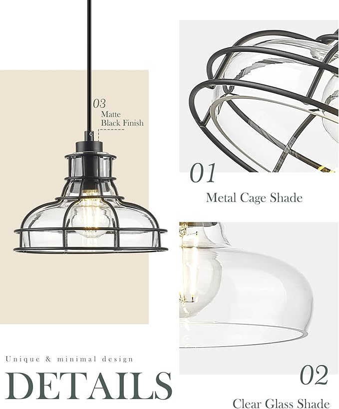 Industrial Pendant Lights Kitchen Island Black 8.7", Hanging Light Fixtures with Clear Glass and Metal Cage, Farmhouse Kitchen Pendant Light for Dining Room, Bedroom, Living Room