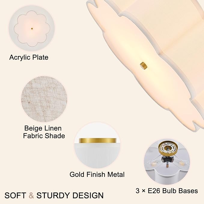 Modern Drum Semi Flush Mount Ceiling Light 17.71" Modern 3-Lights Gold Drum Ceiling Lighting Fixture Vintage Linen Ceiling Lamp for Laundry Room, Kitchen, Basement, Bedroom