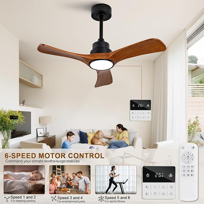 36 inch Ceiling Fans with Lights and Remote Control,Wall Switch,Solid Wood Blades,Dimmable,Reversible Quiet DC Motor,Power Off Memory Modern Black Ceiling Fan Indoor/Outdoor for Bedroom Patios