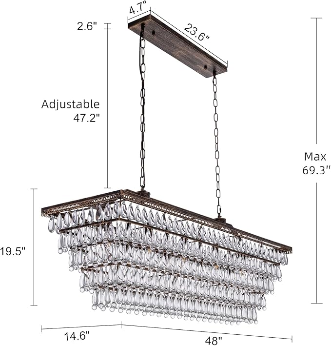 Wellmet Dining Room Crystal Chandelier, 48 Inch Antique Bronze Rectangle Chandeliers, 9 Lights Luxury Large Farmhouse Hanging Ceiling Light Fixtures for Kitchen Island, Living Room, Entryway