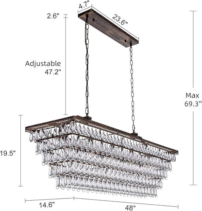 Wellmet Dining Room Crystal Chandelier, 48 Inch Antique Bronze Rectangle Chandeliers, 9 Lights Luxury Large Farmhouse Hanging Ceiling Light Fixtures for Kitchen Island, Living Room, Entryway