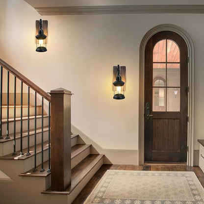 Rustic Wall Light Fixtures Vintage Wall Sconces Sets of 2 Farmhouse Antique Wooden Wall Lamps with Clear Glass Mounted Lighting Black Bedside Sconces Lighting for Bar Cafe Barn Stairs