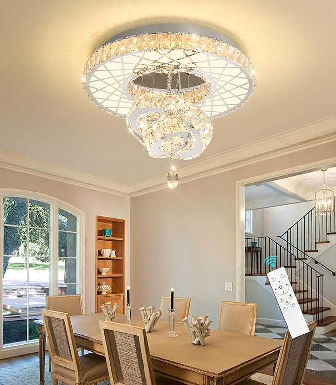 HAIXIANG LED Chandelier Modern Ceiling Dimmable Light Fixture Crystal Chandelier for Bedroom Dining Room Silver