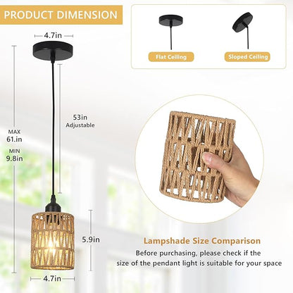LAMSU 3 Pack Rattan Pendant Lights Kitchen Island, Farmhouse Pendant Lighting with Hand Woven Wicker Shade, Boho Chandelier Light Fixtures Ceiling Hanging for Dining Room Bedroom Foyer Hallway