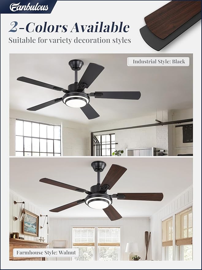 Fanbulous 48 Inch Ceiling Fans with Lights and Remote, Black Ceiling Fan with 8 Dual-Color Blades, Indoor/Outdoor Large Ceiling Fans, Reversible DC Motor, 6-Speed, 3CCT for Living Room Kitchen Patio