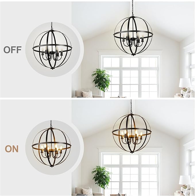 DLLT 6-Light Orb Chandelier, Black Globe Pendant Light Fixtures, Industrial Sphere Pendant Lighting Over Island, Adjustable Hanging Light with Metal Cage for Dining Room, Foyer, E12 Bulbs Not Included