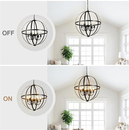 DLLT 6-Light Orb Chandelier, Black Globe Pendant Light Fixtures, Industrial Sphere Pendant Lighting Over Island, Adjustable Hanging Light with Metal Cage for Dining Room, Foyer, E12 Bulbs Not Included