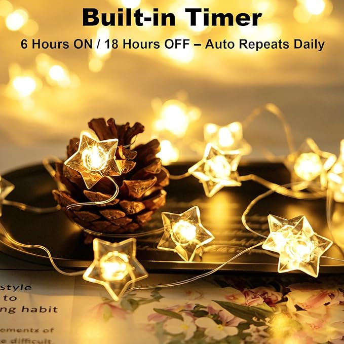 BOHON Star Fairy Lights Battery Operated, 13 FT 40 LED String Lights for Bedroom, Warm White Star Garland Twinkle Lights for Indoor Dorm Classroom Curtain Cute Room Wedding Decor, with Timer