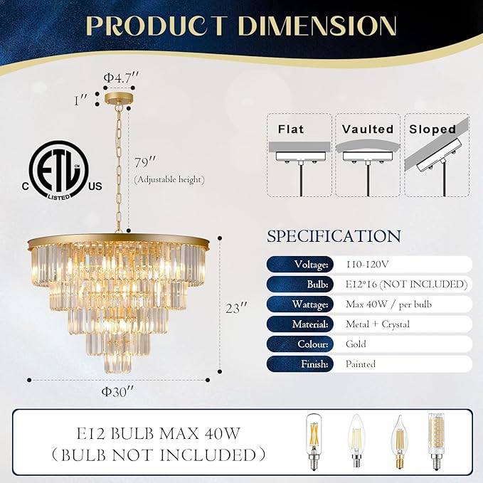 Large Crystal Chandelier Modern Gold 30" 16 Lights Round Chandeliers 5 Tiers Luxury K9 Crystal Ceiling Pendant Light Fixture for Foyer Staircase Living Room Dining Room