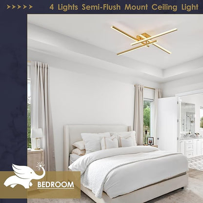 Gold Modern Led Chandelier 4-Lights Semi-Flush Mount Ceiling Lighting Fixture 35.4” Dimmable Remote Control Ceiling Light for Living Room Bedroom Kitchen Foyer