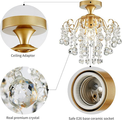 WUZUPS Crystal Chandelier Flushmount Ceiling Light Modern Lighting Fixture for Bedroom Hallway Bar Kitchen Bathroom, H 13.4" x W 12.6", E26 Base, Gold