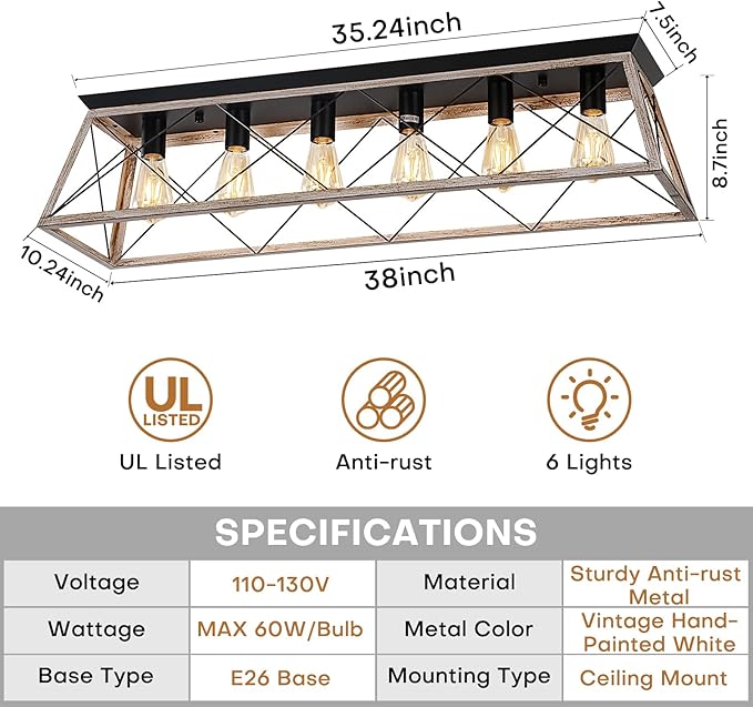 38" Large Rectangular Flush Mount Ceiling Light Fixture, 6-Light Vintage Industrial Farmhouse Cage Chandelier for Dining Room Kitchen Island Living Room Hallway, Oak White Close to Ceiling Lighting