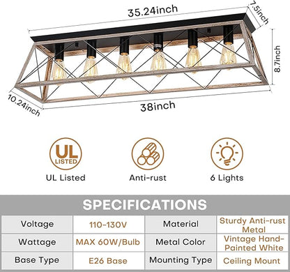 38" Large Rectangular Flush Mount Ceiling Light Fixture, 6-Light Vintage Industrial Farmhouse Cage Chandelier for Dining Room Kitchen Island Living Room Hallway, Oak White Close to Ceiling Lighting