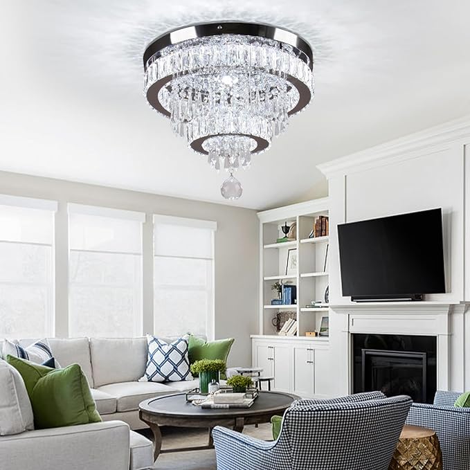 Finktonglan 15.7" Crystal Semi Flush Mount Ceiling Light, 2-Ring LED Crystal Chandelier, Cool White 6500K, Non-Dimmable, Built-in LED for Bedroom Hallway Entryway Dining Room