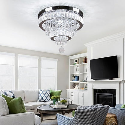 Finktonglan 15.7" Crystal Semi Flush Mount Ceiling Light, 2-Ring LED Crystal Chandelier, Cool White 6500K, Non-Dimmable, Built-in LED for Bedroom Hallway Entryway Dining Room