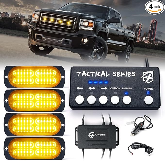 Xprite 24 LED Amber Surface Mount Strobe Lights Kit with Control Panel, Grill Grille Side Marker Flashing Emergency Warning Light Assemblies for Trucks Vehicles ATV RV Cars Van 4PCS