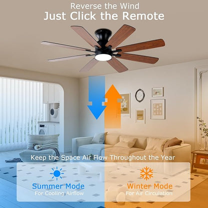 KNUN 52 Inch Ceiling Fan with Light, Low Profile Ceiling Fan with Remote and APP Control, 8 Blades, Noiseless, DC Motor, Flush Mount Ceiling Fans for Bedroom Living Room, Indoor/Outdoor Brown