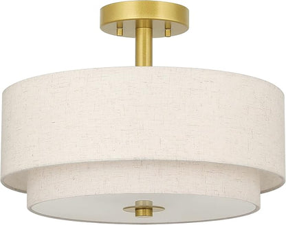 XiNBEi Lighting 3 Light Semi Flush Mount Light, Close to Ceiling Light Fixture with Fabric Shade Retro Gold Brass 16 inch Semi Flush Drum Light for Bedroom & Living Room XB-SF1289-GB