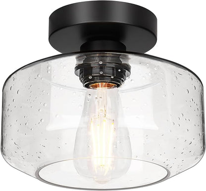 Industrial Semi Flush Mount Ceiling Light, 800 Lumen LED Bulb Included, Seeded Glass Shade Farmhouse Light Fixture for Hallway Corridor Kitchen Bathroom Bedroom Passway