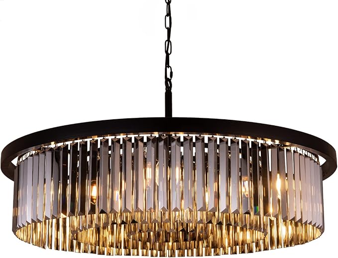 Wellmet Crystal Chandeliers for Dining Room,9 Lights Modern Black Crystal Pendant Light,Farmhouse Chandelier for Bedroom,Ceiling Lighting Fixture for Kitchen Island,Living Room,Hallway,W-33.46”