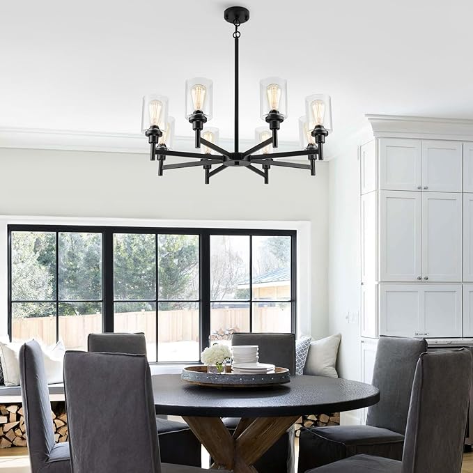 LIGHTDAMY Black Chandeliers for Dining Room Light Fixture, Modern Farmhouse Chandelier, 8 Lights with Clear Glass Shade Industrial Hanging Lighting for Living Room Kitchen Island Bedroom