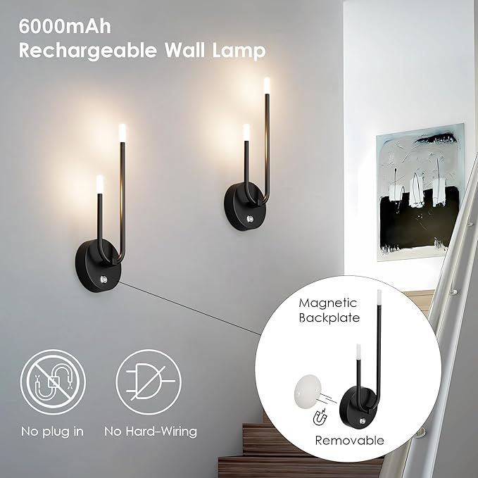 Aipsun Black Battery Operated Wall Sconce Set of 2, Wireless Sconces Modern LED 3000K Rechargeable Wall Sconce Dimmable Battery Wall Light for Living Room,Bedroom