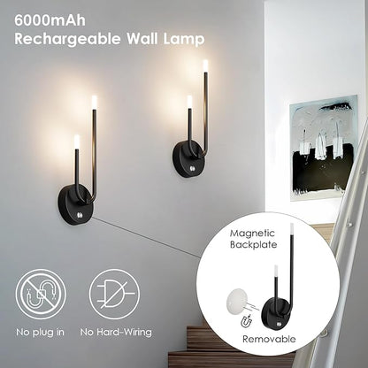 Aipsun Black Battery Operated Wall Sconce Set of 2, Wireless Sconces Modern LED 3000K Rechargeable Wall Sconce Dimmable Battery Wall Light for Living Room,Bedroom