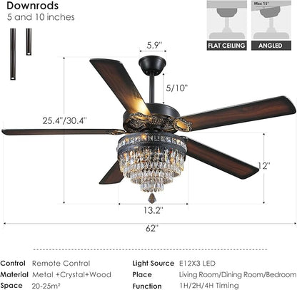 Asyko 62" Crystal Ceiling Fan Fandelier with Lights - Black Modern Crystal Chandelier Fans with Remote Control，Noiseless DC Motor, Retro/Farmhouse Lighting, Dining Room， Living Room