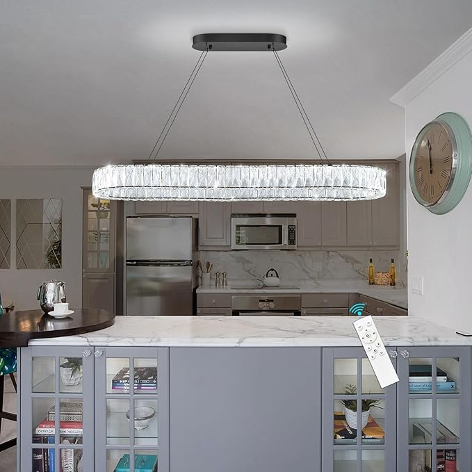 HAIXIANG LED Long Chandeliers for Dining Table Modern Chandelier Dimmable Pendant Lights Crystal Rectangular Glam Lighting Fixtures for Dining Room Kitchen Island Black