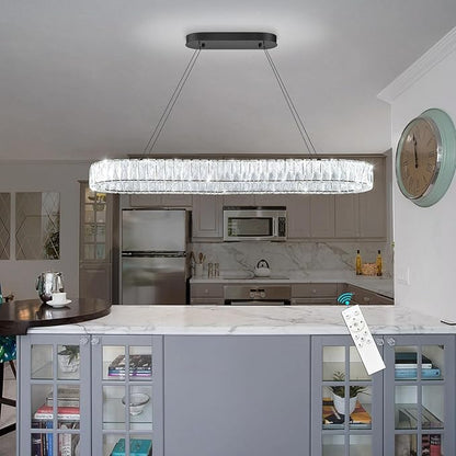 HAIXIANG LED Long Chandeliers for Dining Table Modern Chandelier Dimmable Pendant Lights Crystal Rectangular Glam Lighting Fixtures for Dining Room Kitchen Island Black