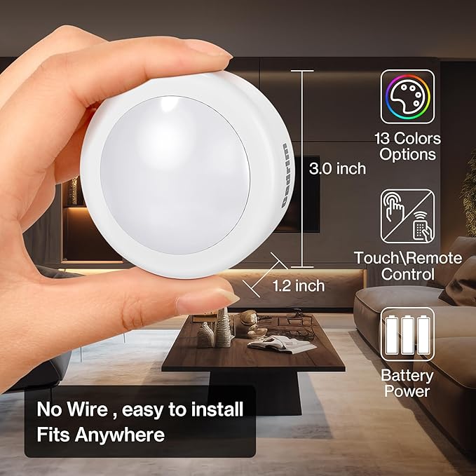Cadrim Puck Lights, 13 Colors Changeable LED Puck Lightings, LED Lights for Bedroom, Under Cabinet Lights, Under Cabinet Lighting with 2 Wireless Remote Controls for Kitchen(6 Pack)