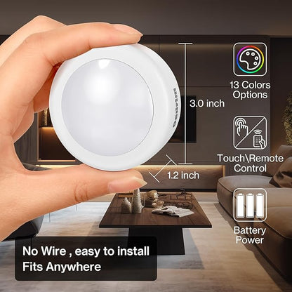 Cadrim Puck Lights, 13 Colors Changeable LED Puck Lightings, LED Lights for Bedroom, Under Cabinet Lights, Under Cabinet Lighting with 2 Wireless Remote Controls for Kitchen(6 Pack)