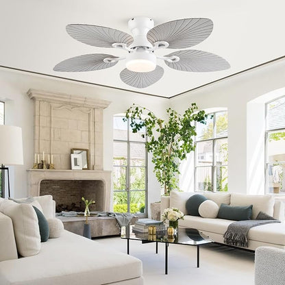 52inch Palm Leaf Ceiling Fans with Light Outdoor Tropical Ceiling Fans with Remote Timer Hand Carved 5 Blades DC Reversible Noiseless motor 6 Speeds Low Profile for Patios Living room Bedroom