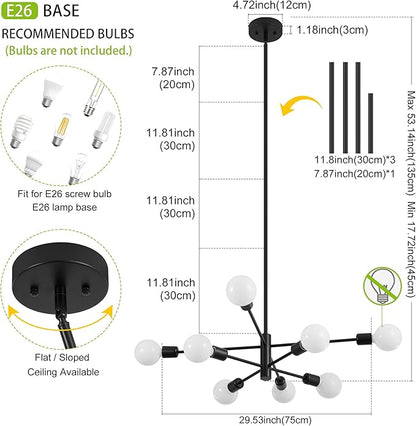 Sputnik Chandelier, Black Modern Industrial Chandeliers 8-Light, Mid Century Ceiling Lighting Fixture for Living Room, Kitchen, Bedroom, Dining Room, Farmhouse