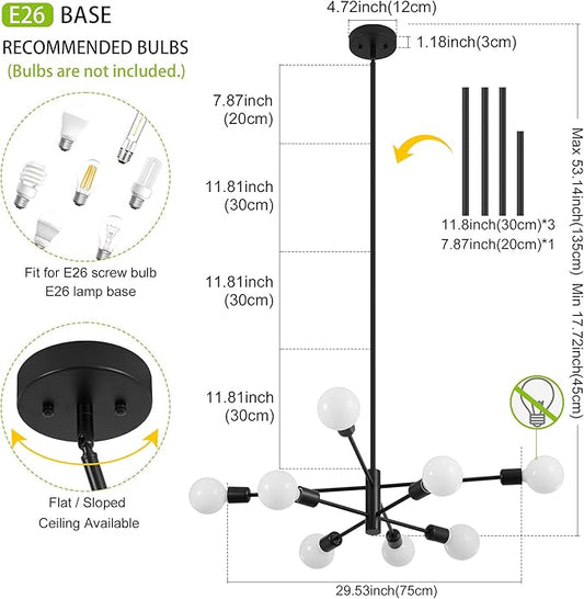 Sputnik Chandelier, Black Modern Industrial Chandeliers 8-Light, Mid Century Ceiling Lighting Fixture for Living Room, Kitchen, Bedroom, Dining Room, Farmhouse